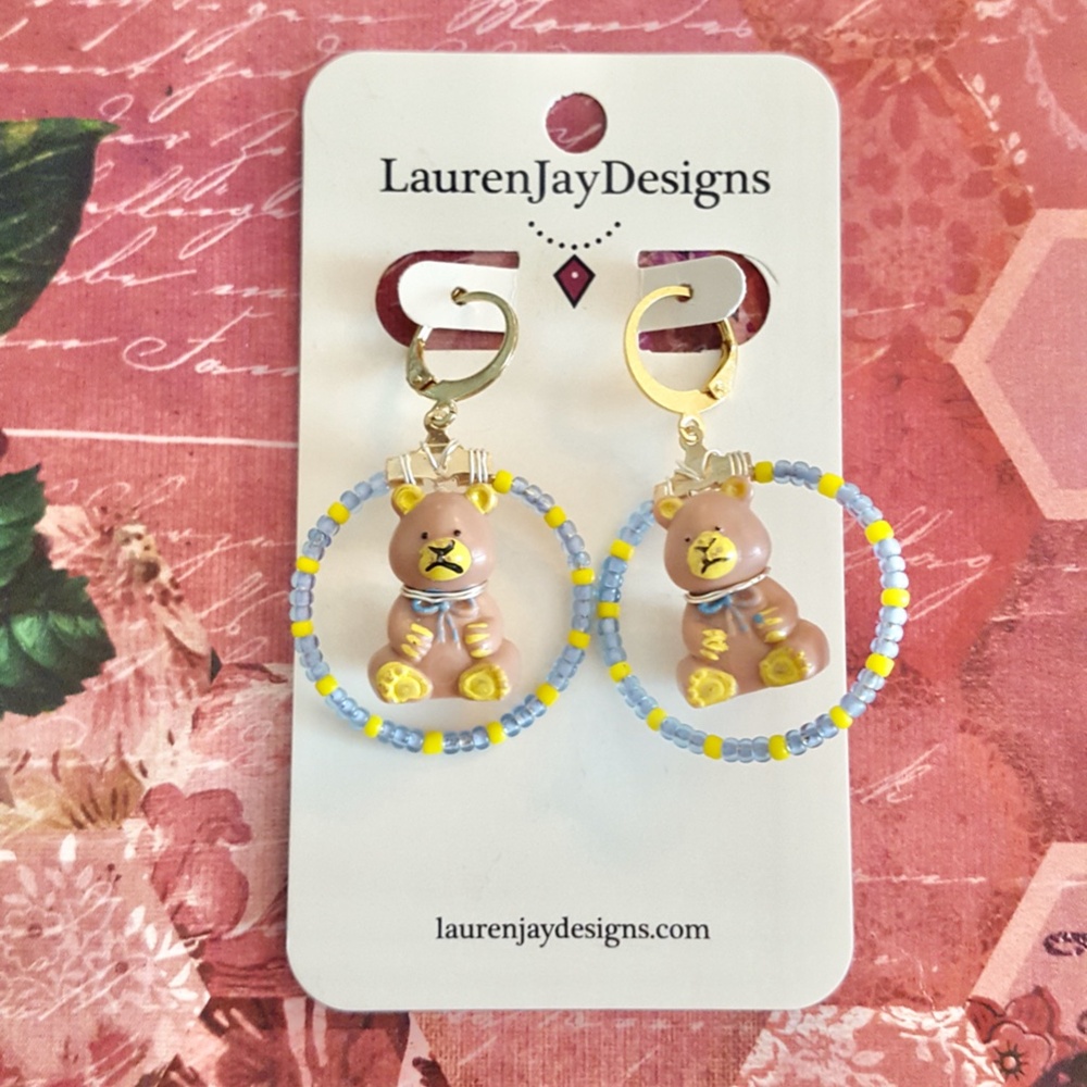Teddy's Wonderland Blue and Yellow Beaded Gold Hoop Dangle Earrings